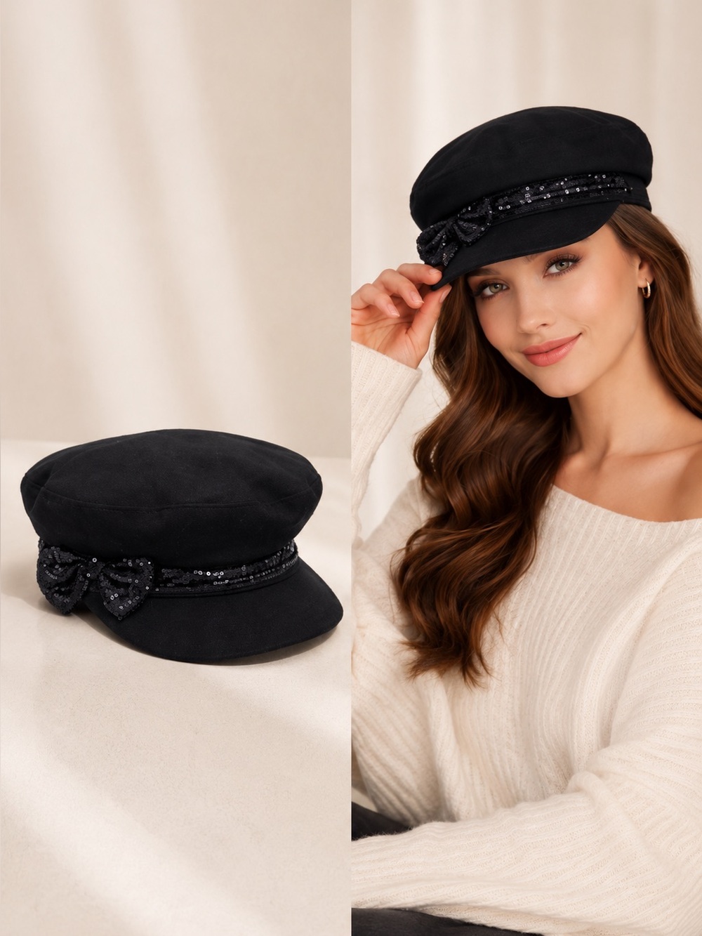 NWOT August Wool blend Black Sequins Bow  Cap Hat